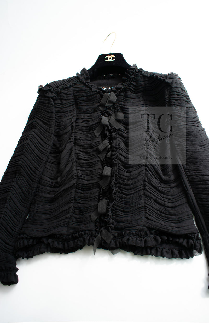 CHANEL 06A Black Ribbon Silk Penelope Cruz Cardigan Jacket Tops 38 40 44 シャネル ブラック リボン シルク ブラウス カーディガン ジャケット 即発