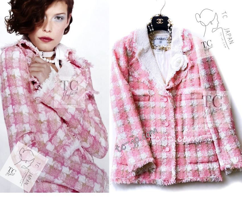 シャネル ジャケット CHANEL ピンク ホワイト フリンジ ツイード