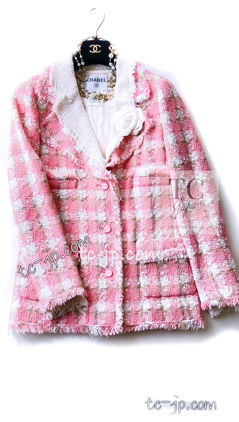 CHANEL 04C Pink White Fringe Tweed Jacket 40 シャネル ピンク ホワイト フリンジ ツイード ジャケット 即発