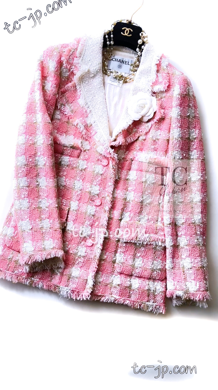 CHANEL 04C Pink White Fringe Tweed Jacket 40 シャネル ピンク ホワイト フリンジ ツイード ジャケット 即発