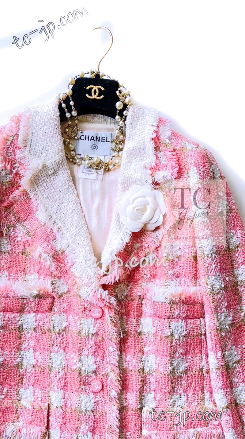 CHANEL 04C Pink White Fringe Tweed Jacket 40 シャネル ピンク ホワイト フリンジ ツイード ジャケット 即発