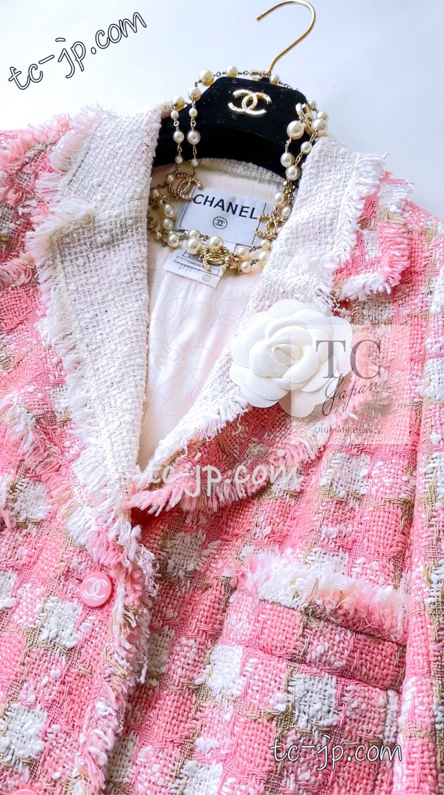 シャネル ジャケット CHANEL ピンク ホワイト フリンジ ツイード