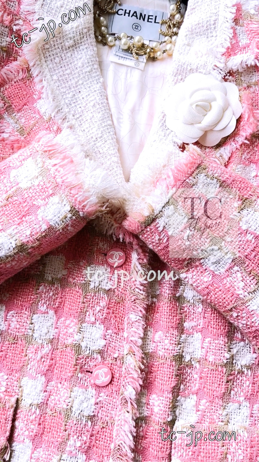 CHANEL 04C Pink White Fringe Tweed Jacket 40 シャネル ピンク ホワイト フリンジ ツイード ジャケット 即発