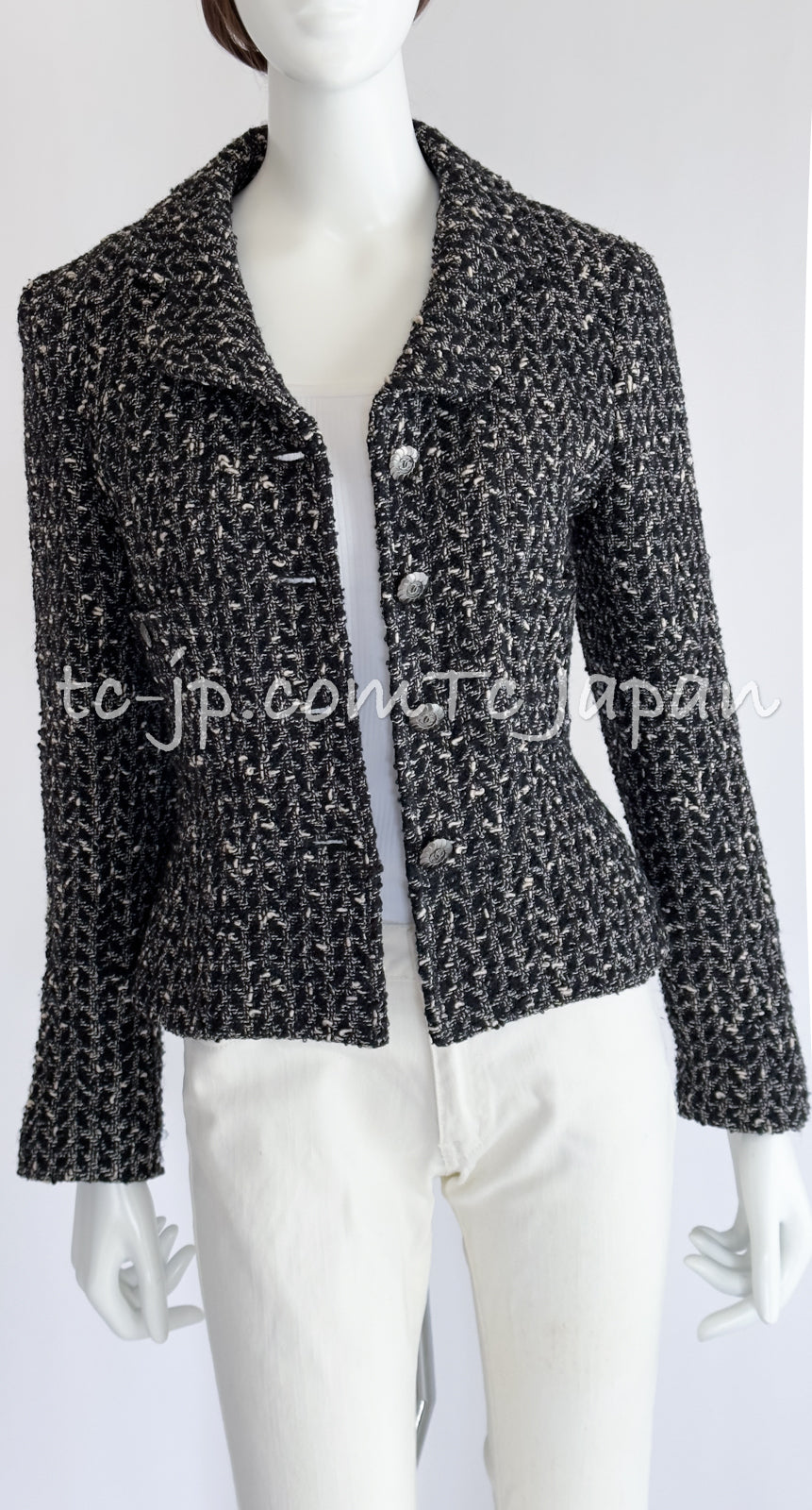 CHANEL 97A Vintage Black Gray Chevron Tweed Jacket Skirt Suit 36 38 40 シャネル ヴィンテージ ブラック グレー シェブロン ツイード ジャケット スカート スーツ 即発