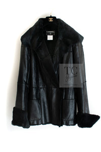 CHANEL 05A Black Rabbit Lapan Leather Jacket Coat 36 38 40 42 シャネル ブラック レザー ラビットファー ラパン ジャケット コート 即発