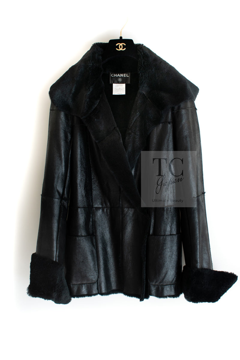 CHANEL 05A Black Rabbit Lapan Leather Jacket Coat 36 38 40 42 シャネル ブラック レザー ラビットファー ラパン ジャケット コート 即発