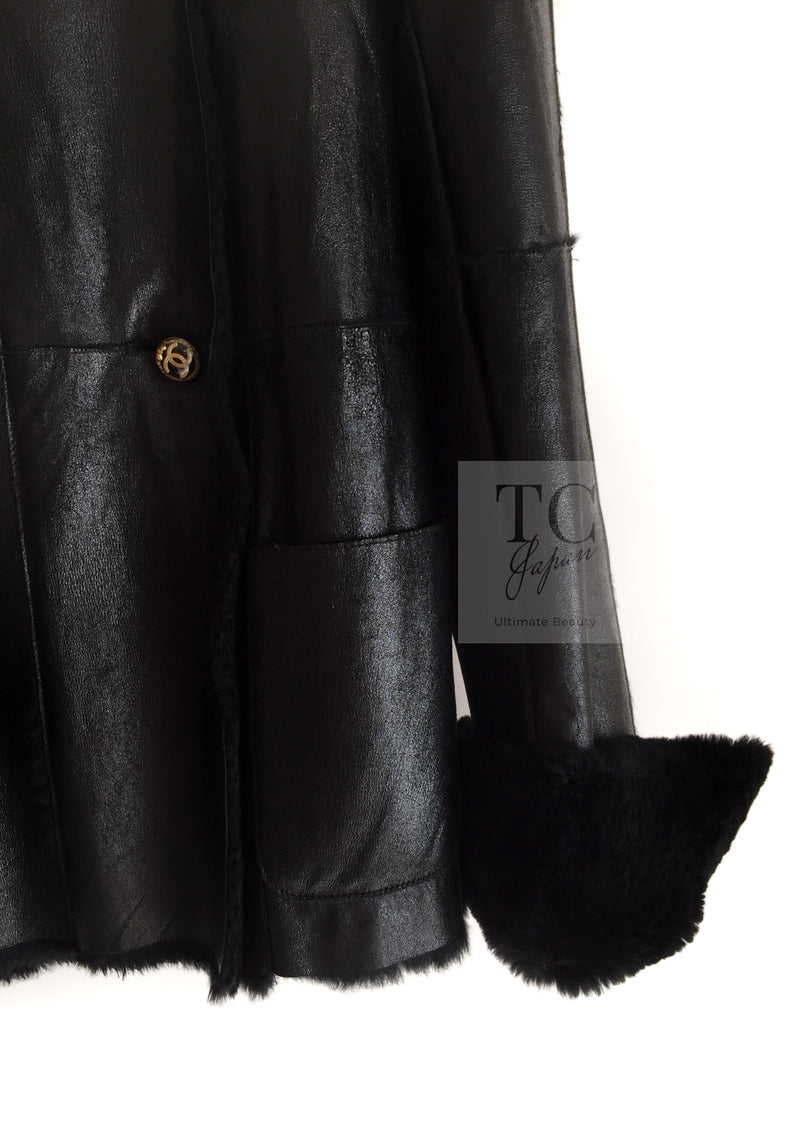 CHANEL 05A Black Rabbit Lapan Leather Jacket Coat 36 38 40 42 シャネル ブラック レザー ラビットファー ラパン ジャケット コート 即発