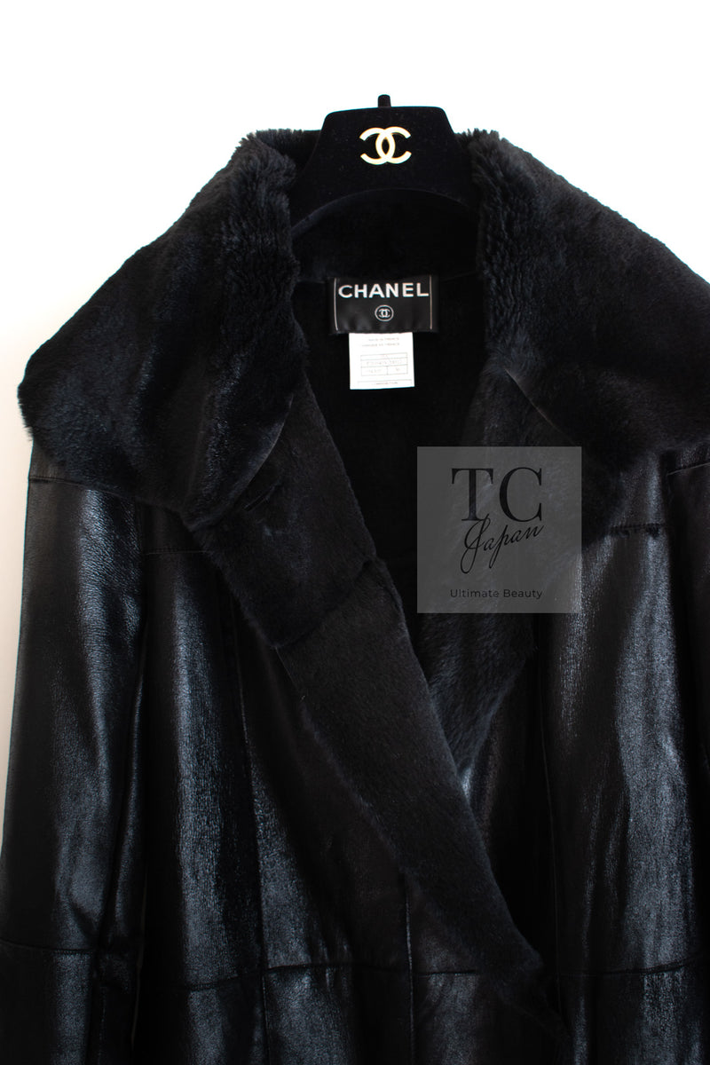 CHANEL 05A Black Rabbit Lapan Leather Jacket Coat 36 38 40 42 シャネル ブラック レザー ラビットファー ラパン ジャケット コート 即発