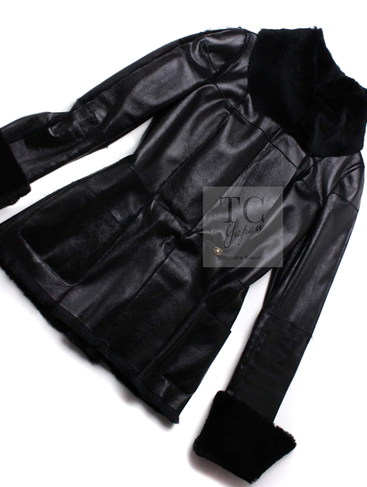 CHANEL 05A Black Rabbit Lapan Leather Jacket Coat 36 38 40 42 シャネル ブラック レザー ラビットファー ラパン ジャケット コート 即発