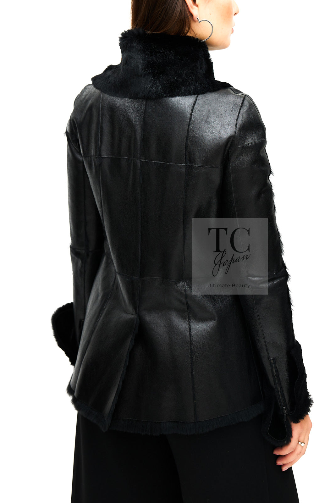 CHANEL 05A Black Rabbit Lapan Leather Jacket Coat 36 38 40 42 シャネル ブラック レザー ラビットファー ラパン ジャケット コート 即発