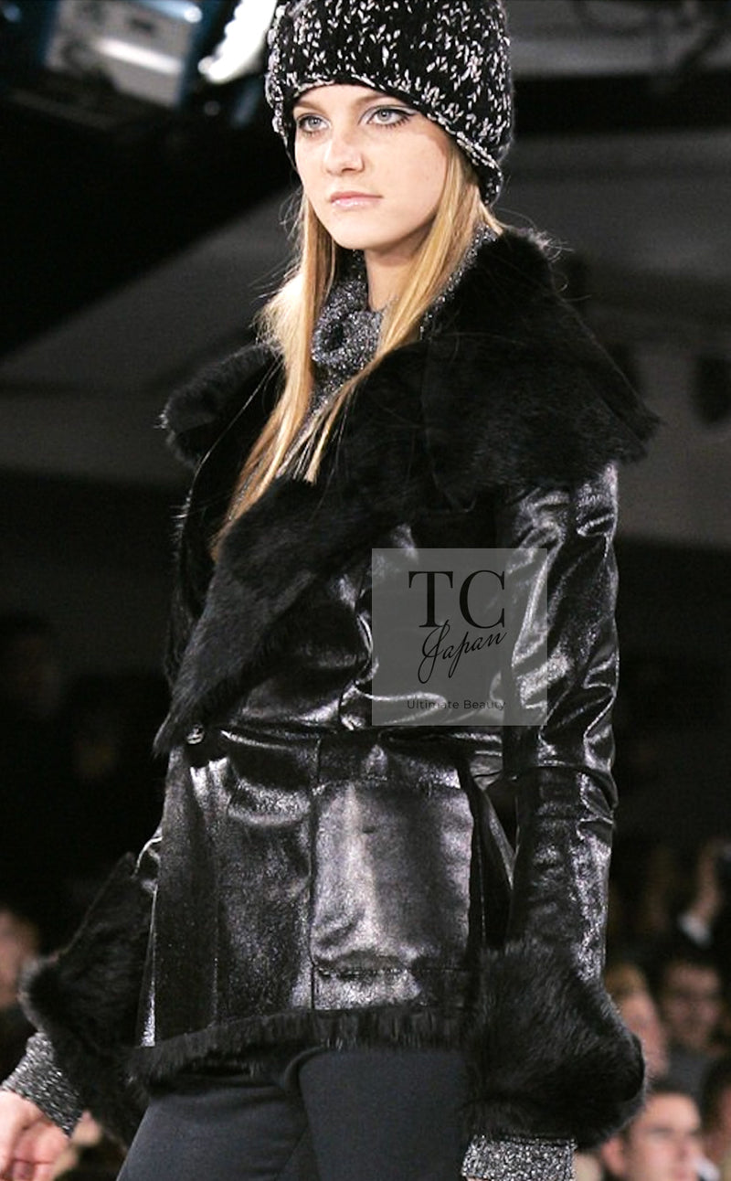 CHANEL 05A Black Rabbit Lapan Leather Jacket Coat 40 42 シャネル ブラック レザー ラビットファー ラパン ジャケット コート 即発