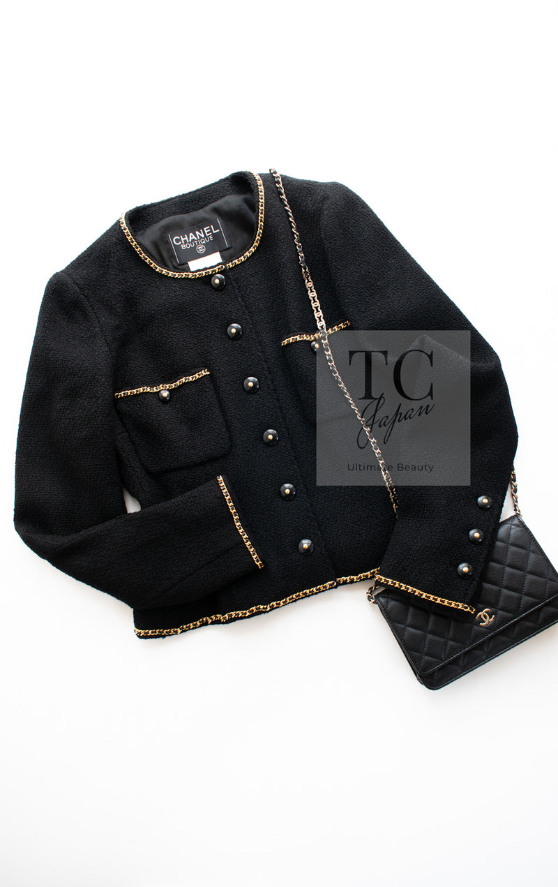 CHANEL 95A Vintage Black Gold Chain Trim Tweed Jacket 38 シャネル ヴィンテージ ブラック ゴールドチェーン トリミング ツイード ジャケット 即発