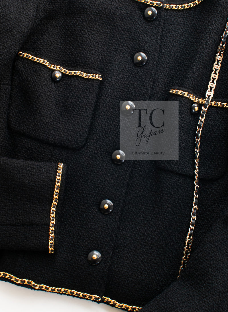 CHANEL 95A Vintage Black Gold Chain Trim Tweed Jacket 38 シャネル ヴィンテージ ブラック ゴールドチェーン トリミング ツイード ジャケット 即発