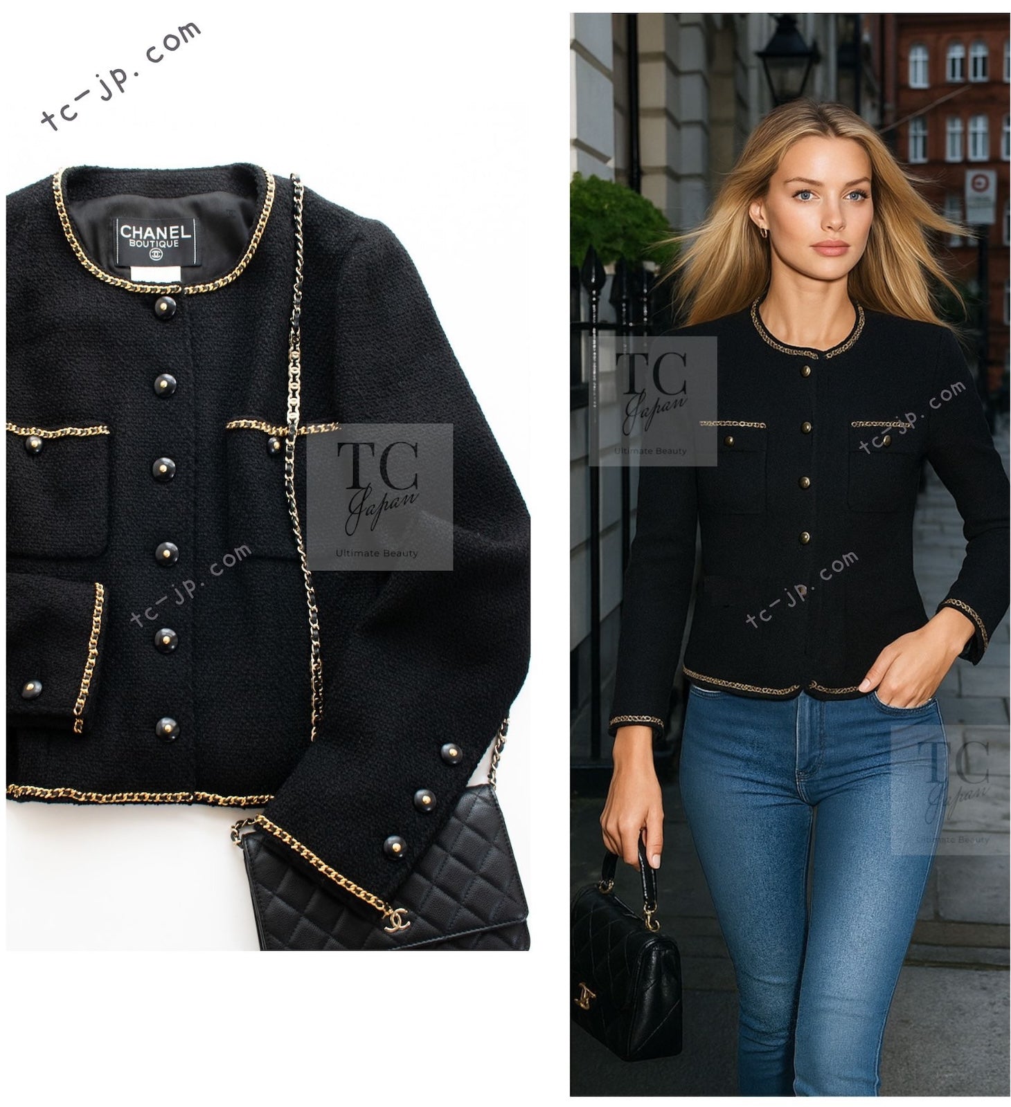 CHANEL 95A Vintage Black Gold Chain Trim Tweed Jacket 38 シャネル ヴィンテージ ブラック ゴールドチェーン トリミング ツイード ジャケット 即発 - TC JAPAN