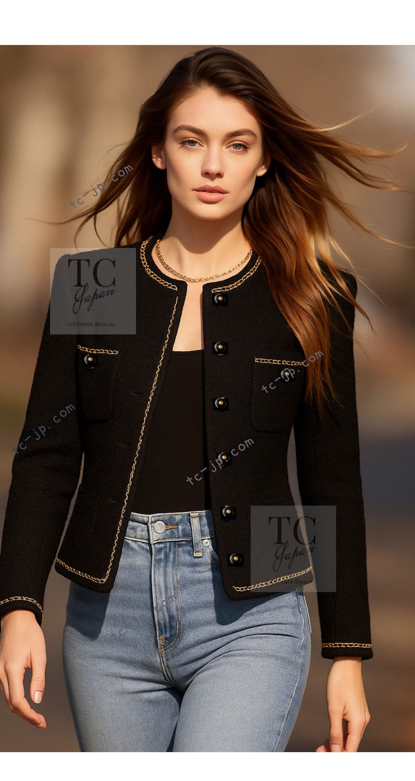 CHANEL 95A Vintage Black Gold Chain Trim Tweed Jacket 38 シャネル ヴィンテージ ブラック ゴールドチェーン トリミング ツイード ジャケット 即発