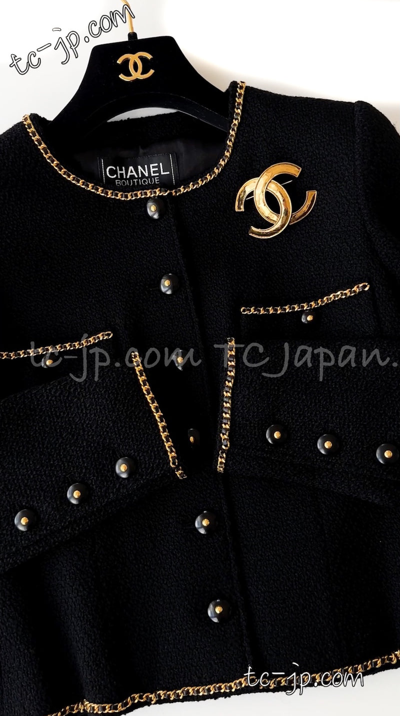 CHANEL 95A Vintage Black Gold Chain Trim Tweed Jacket 38 シャネル ヴィンテージ ブラック ゴールドチェーン トリミング ツイード ジャケット 即発