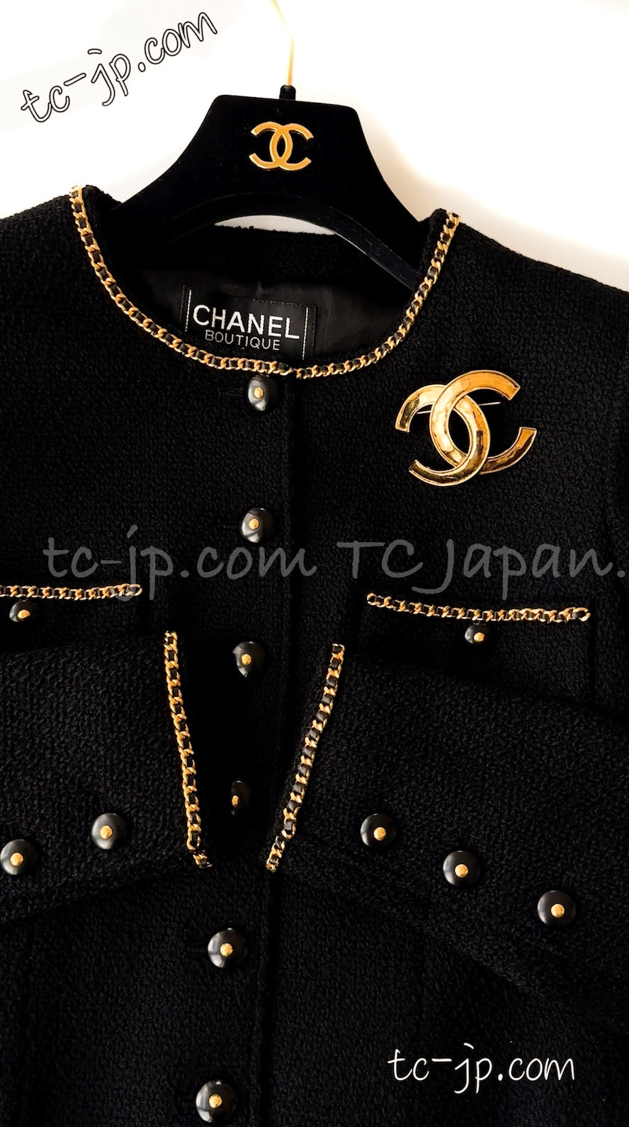 CHANEL 95A Vintage Black Gold Chain Trim Tweed Jacket 38 シャネル ヴィンテージ ブラック ゴールドチェーン トリミング ツイード ジャケット 即発 - TC JAPAN