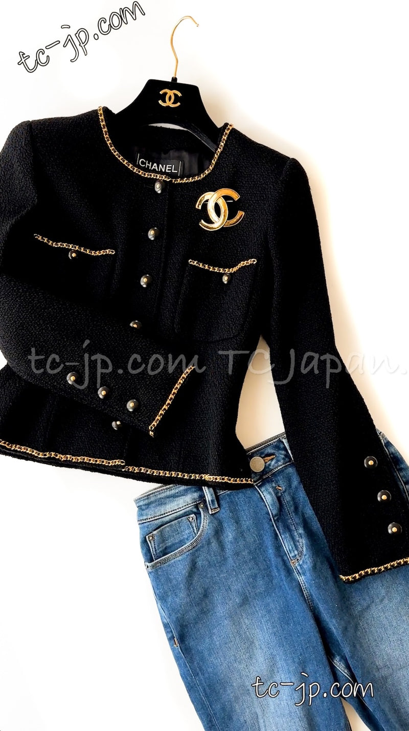 CHANEL 95A Vintage Black Gold Chain Trim Tweed Jacket 38 シャネル ヴィンテージ ブラック ゴールドチェーン トリミング ツイード ジャケット 即発