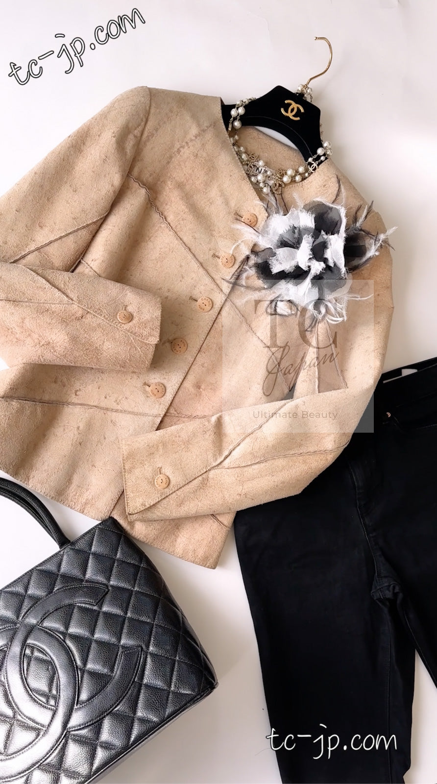 CHANEL 00C Beige Calf Skin Suede Leather Collarless Jacket 34 36 シャネル ベージュ カーフスキン スウェード レザー ノーカラー ジャケット 即発
