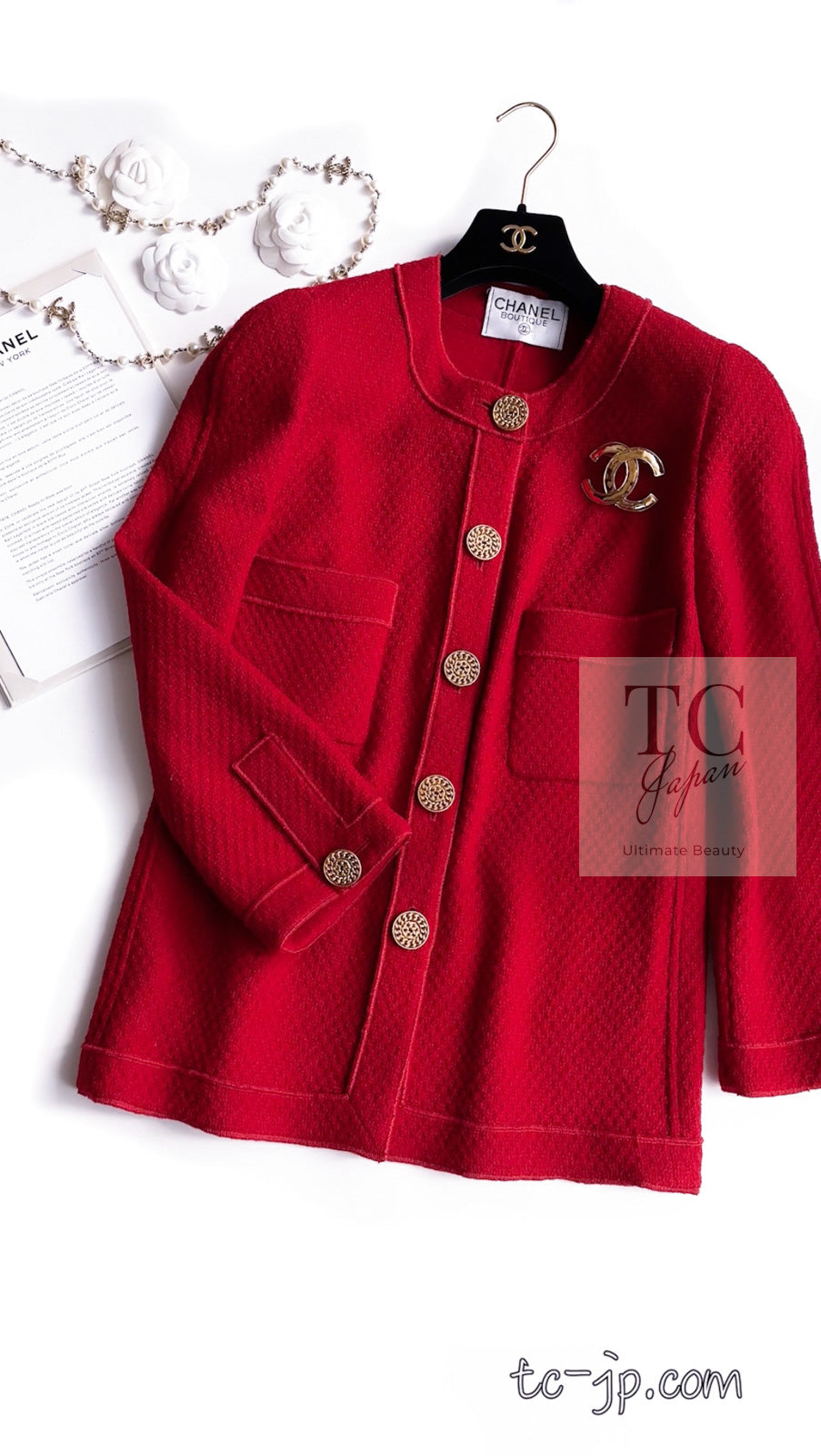 CHANEL 92A Vintage Red Gold Buttons Cotton Tweed Jacket 42 シャネル ヴィンテージ レッド ゴールド ボタン コットン ツイード ジャケット 即発