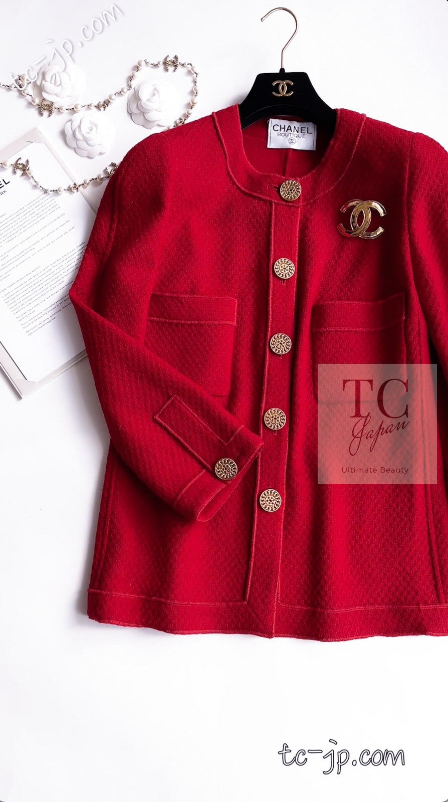 CHANEL 92A Vintage Red Gold Buttons Cotton Tweed Jacket 42 シャネル ヴィンテージ レッド ゴールド ボタン コットン ツイード ジャケット 即発