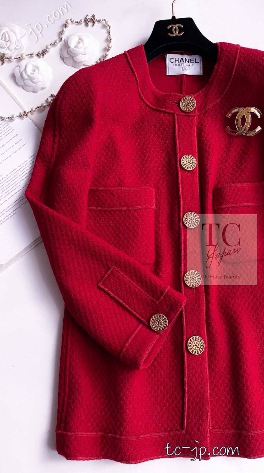 CHANEL 92A Vintage Red Gold Buttons Cotton Tweed Jacket 42 シャネル ヴィンテージ レッド ゴールド ボタン コットン ツイード ジャケット 即発