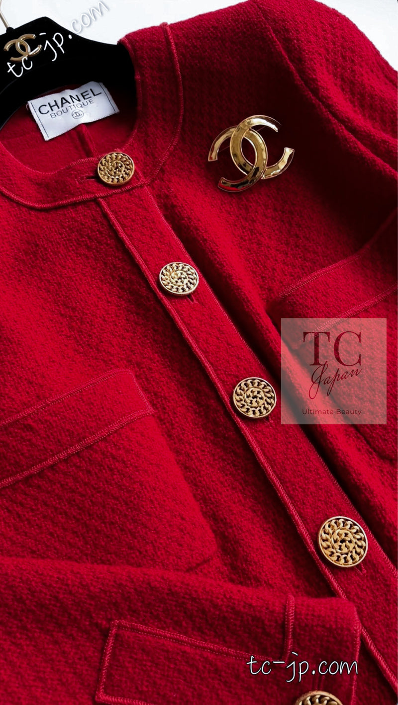CHANEL 92A Vintage Red Gold Buttons Cotton Tweed Jacket 42 シャネル ヴィンテージ レッド ゴールド ボタン コットン ツイード ジャケット 即発