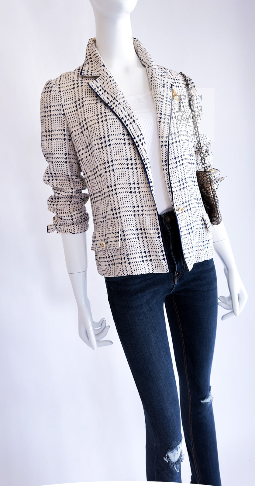 訳有り　シャネル スーツビンテージ シャネル ヴィンテージ スーツ CHANEL ホワイト ネイビー シルク