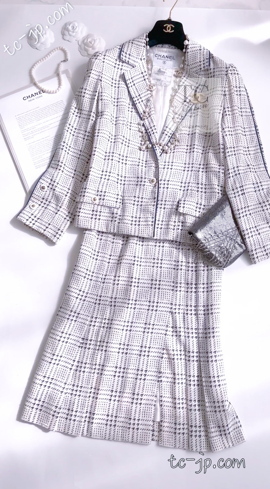 シャネル ヴィンテージ スーツ CHANEL ホワイト ネイビー シルク