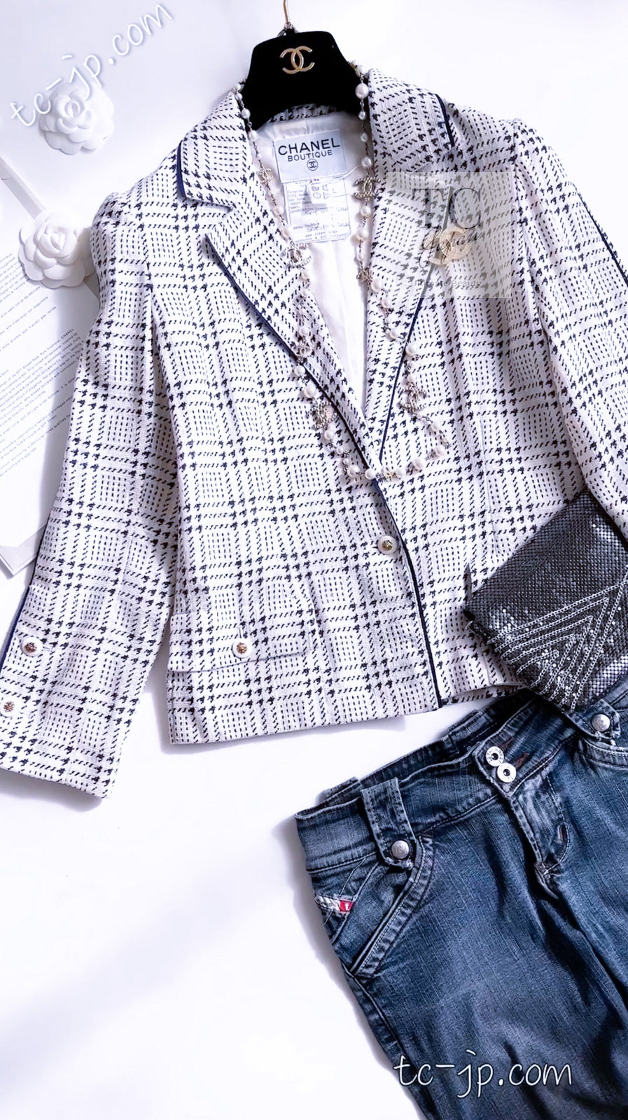 シャネル ヴィンテージ スーツ CHANEL ホワイト ネイビー シルク