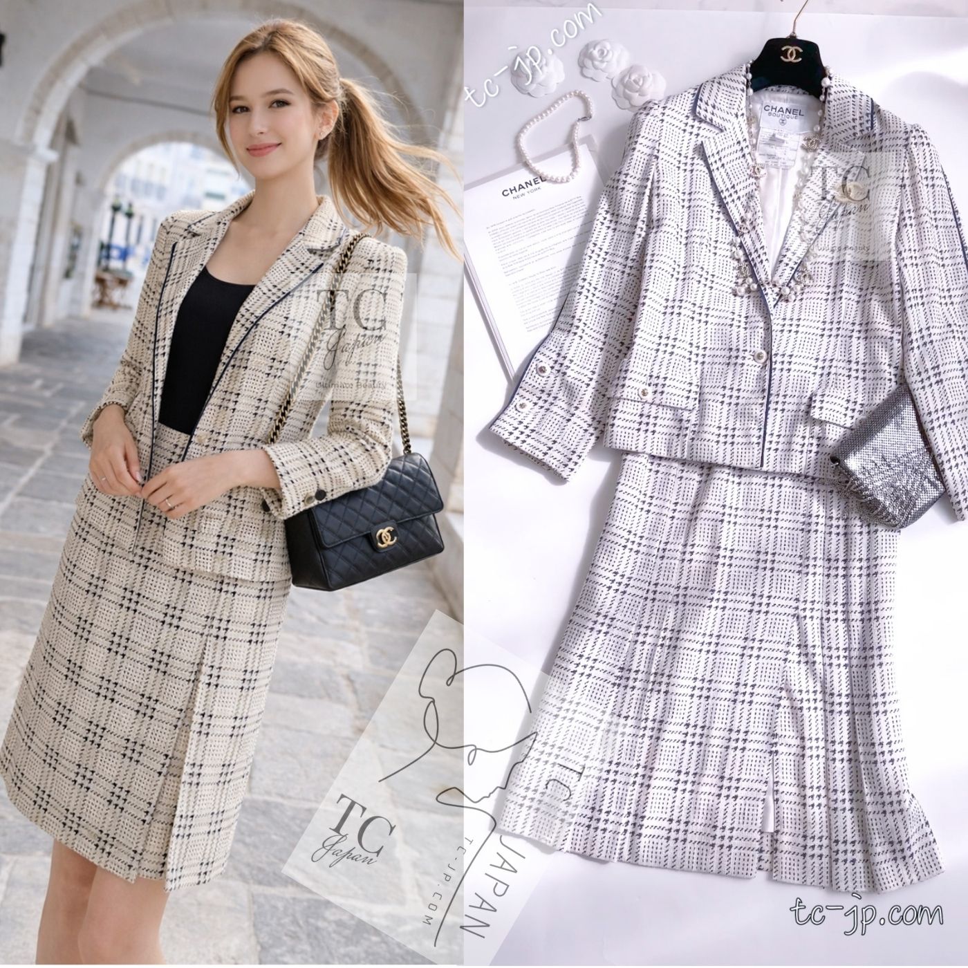 CHANEL 80's Vintage White Navy Silk Jacket Skirt Suit 34 シャネル ヴィンテージ ホワイト ネイビー シルク ジャケット スカート スーツ 即発