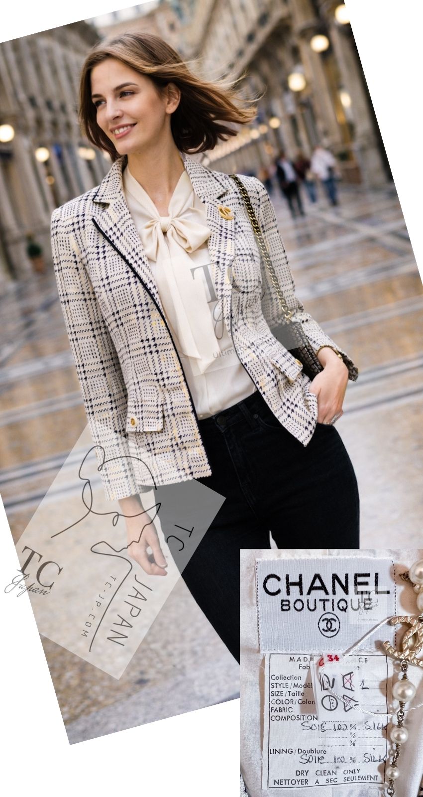 CHANEL 80's Vintage White Navy Silk Jacket Skirt Suit 34 シャネル ヴィンテージ ホワイト ネイビー シルク ジャケット スカート スーツ 即発