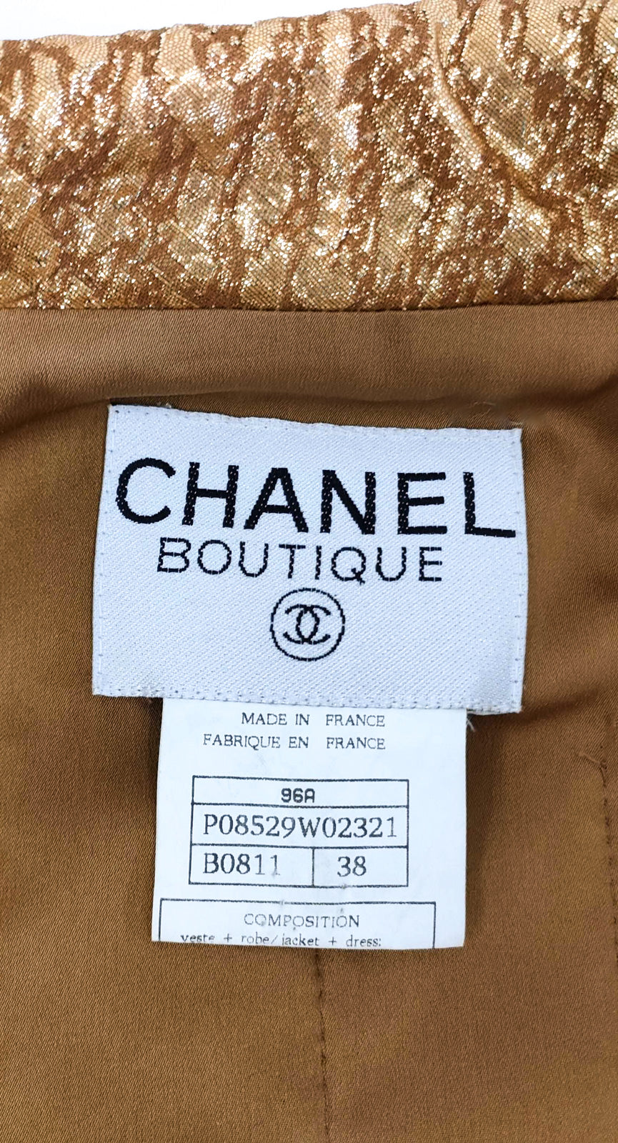 CHANEL 96A Vintage Brown Olive Beige Gold Gripox Button Tweed Jacket Dress Setup 34 38 シャネル ヴィンテージ ブラウン オリーブ ベージュ ゴールド襟 グリポワ宝石ボタン ジャケット ワンピース セットアップ 即発