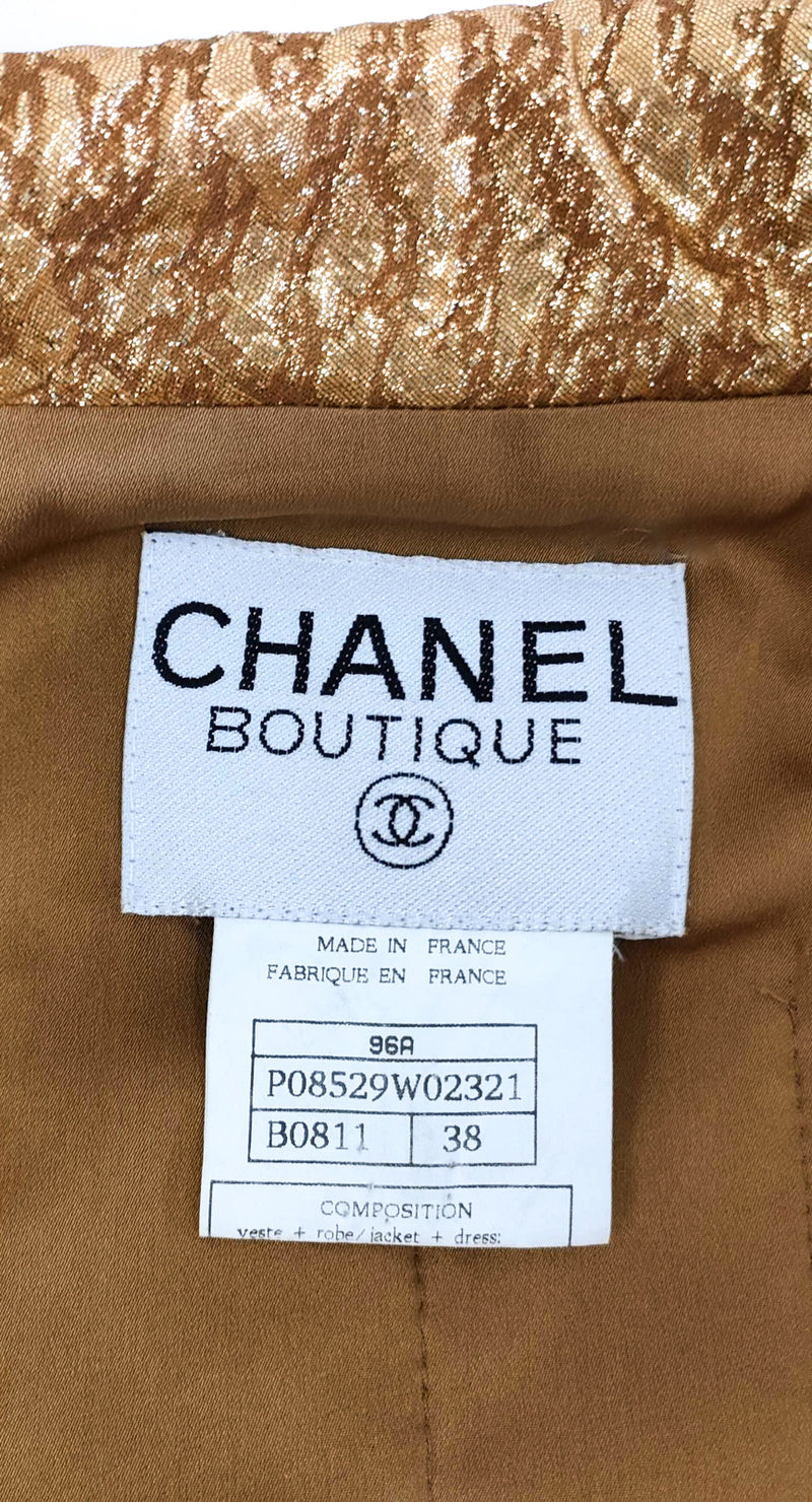 CHANEL 96A Vintage Brown Olive Beige Gold Gripox Button Tweed Jacket Dress Setup 34 38 シャネル ヴィンテージ ブラウン オリーブ ベージュ ゴールド襟 グリポワ宝石ボタン ジャケット ワンピース セットアップ 即発