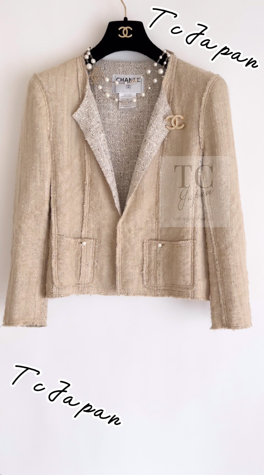 CHANEL 03S Beige Silk Cropped Cardigan Jacket 36 シャネル ベージュ シルク クロップド カーディガン ジャケット 即発