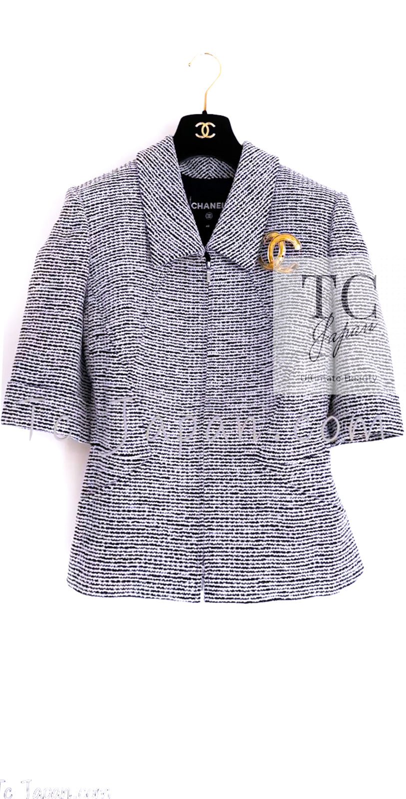 シャネル ジャケット CHANEL ホワイト ブルー ジッパー ツイード