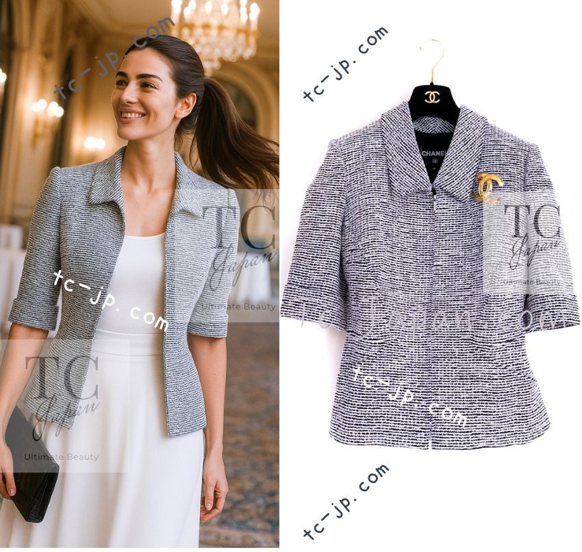 CHANEL 19PS White Blue Front Zipper Tweed Jacket 38 シャネル ホワイト ブルー ジッパー ツイード ジャケット 即発