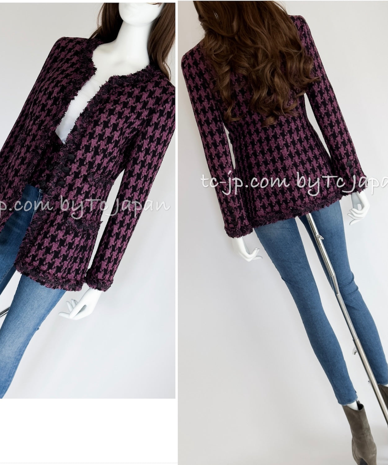 CHANEL 09S Purple Black Houndstooth Silk Tweed Jacket 38 シャネル パープル ブラック 千鳥柄 シルク ツイード ジャケット 即発