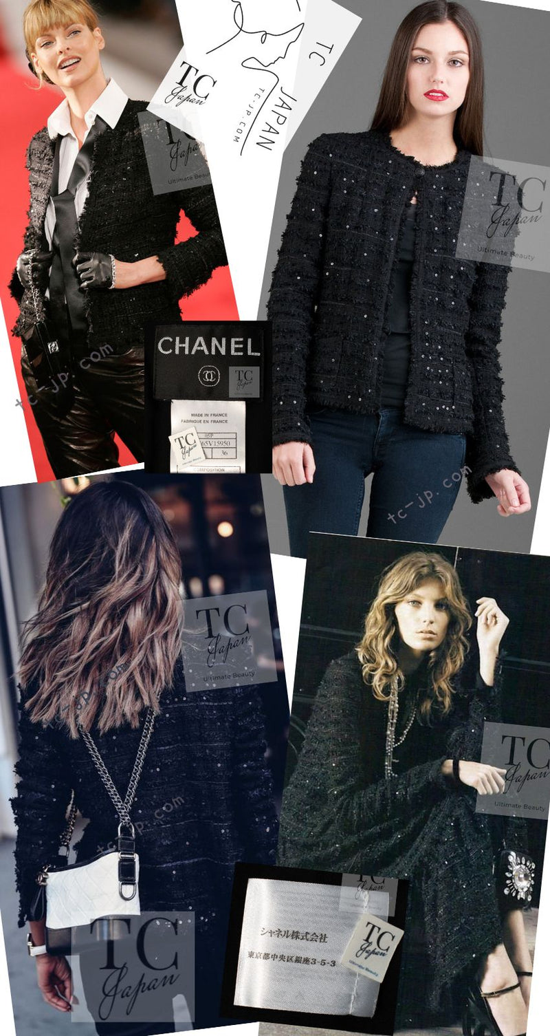 CHANEL 05S Black Sequin Embellishments Tweed Jacket 36 シャネル ブラック スパンコール ツイード ジャケット 即発