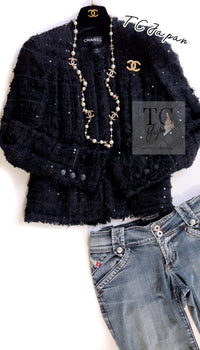CHANEL 05S Black Sequin Embellishments Tweed Jacket 36 シャネル ブラック スパンコール ツイード ジャケット 即発