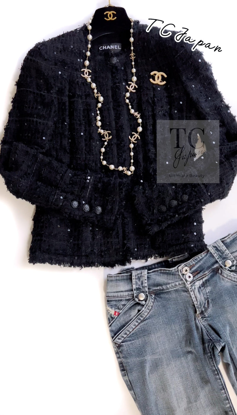 CHANEL 05S Black Sequin Embellishments Tweed Jacket 36 シャネル ブラック スパンコール ツイード ジャケット 即発