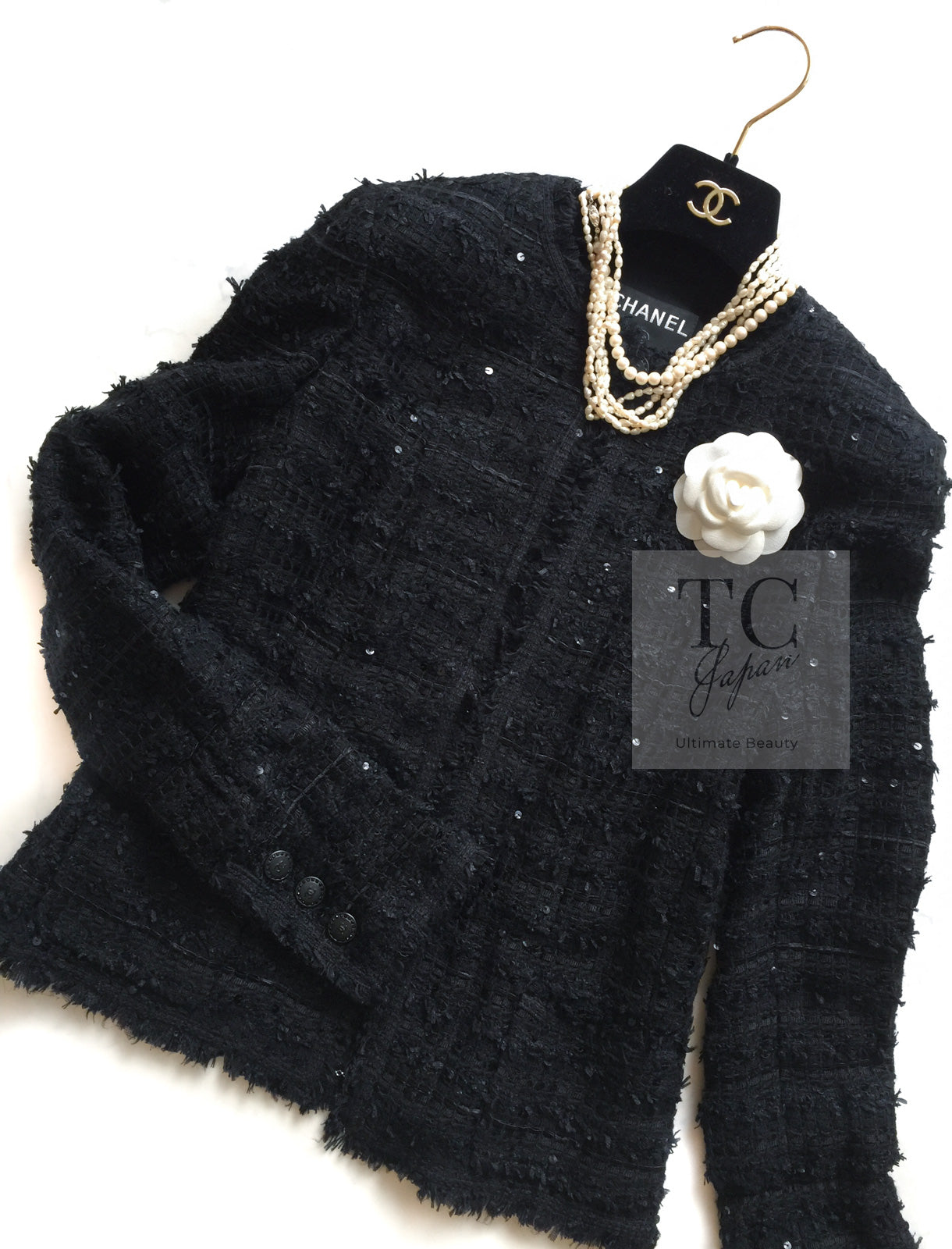 CHANEL 05S Black Sequin Embellishments Tweed Jacket 36 シャネル ブラック スパンコール ツイード ジャケット 即発