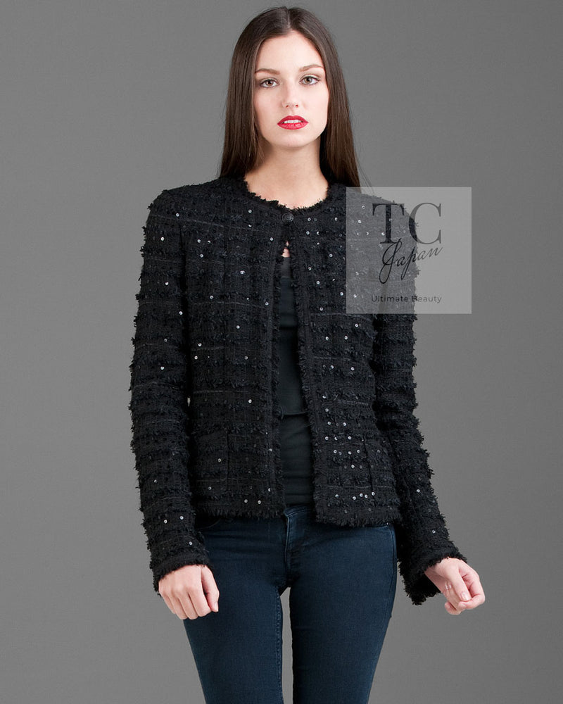 CHANEL 05S Black Sequin Embellishments Tweed Jacket 36 シャネル ブラック スパンコール ツイード ジャケット 即発