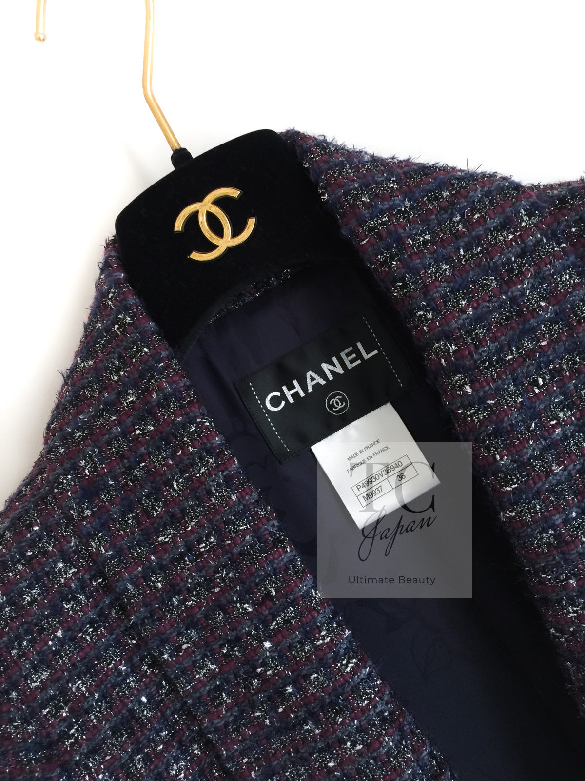 CHANEL 14B Navy Purple Metallic Tweed Jacket 36 38 シャネル ネイビー パープル メタリック ツイード ジャケット 即発