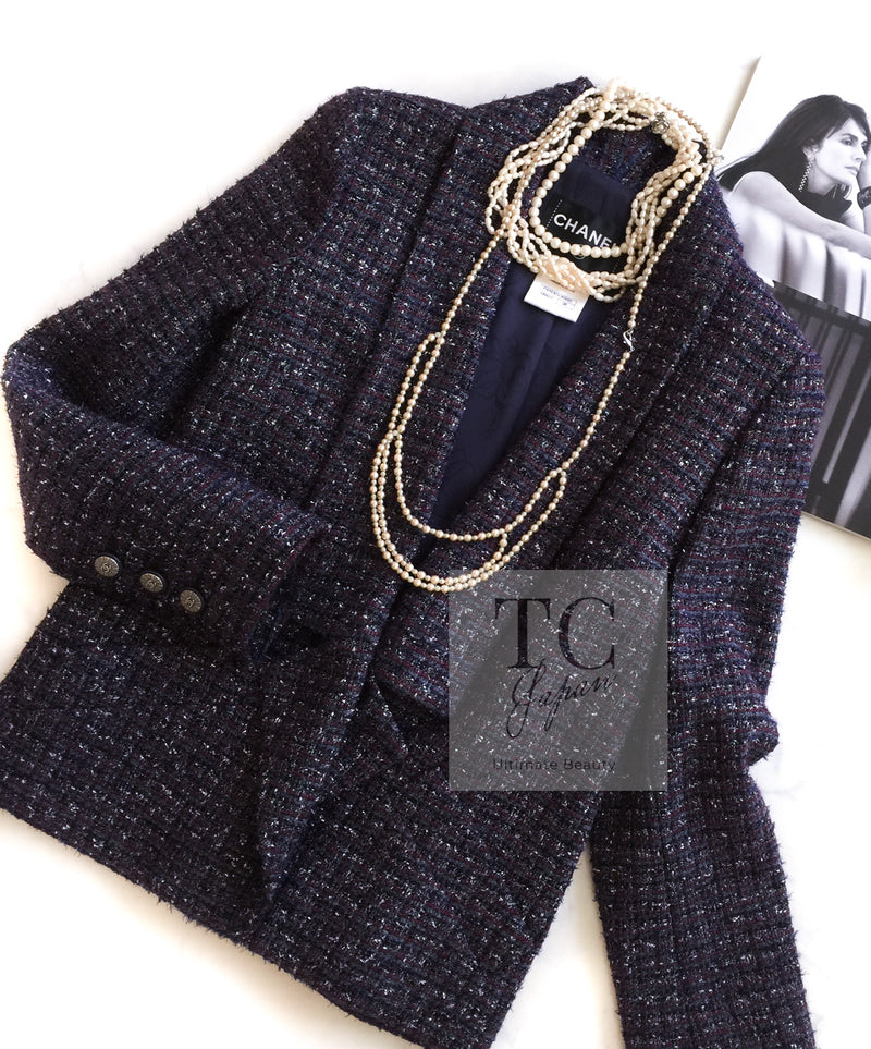 CHANEL 14B Navy Purple Metallic Tweed Jacket 36 38 シャネル ネイビー パープル メタリック ツイード ジャケット 即発