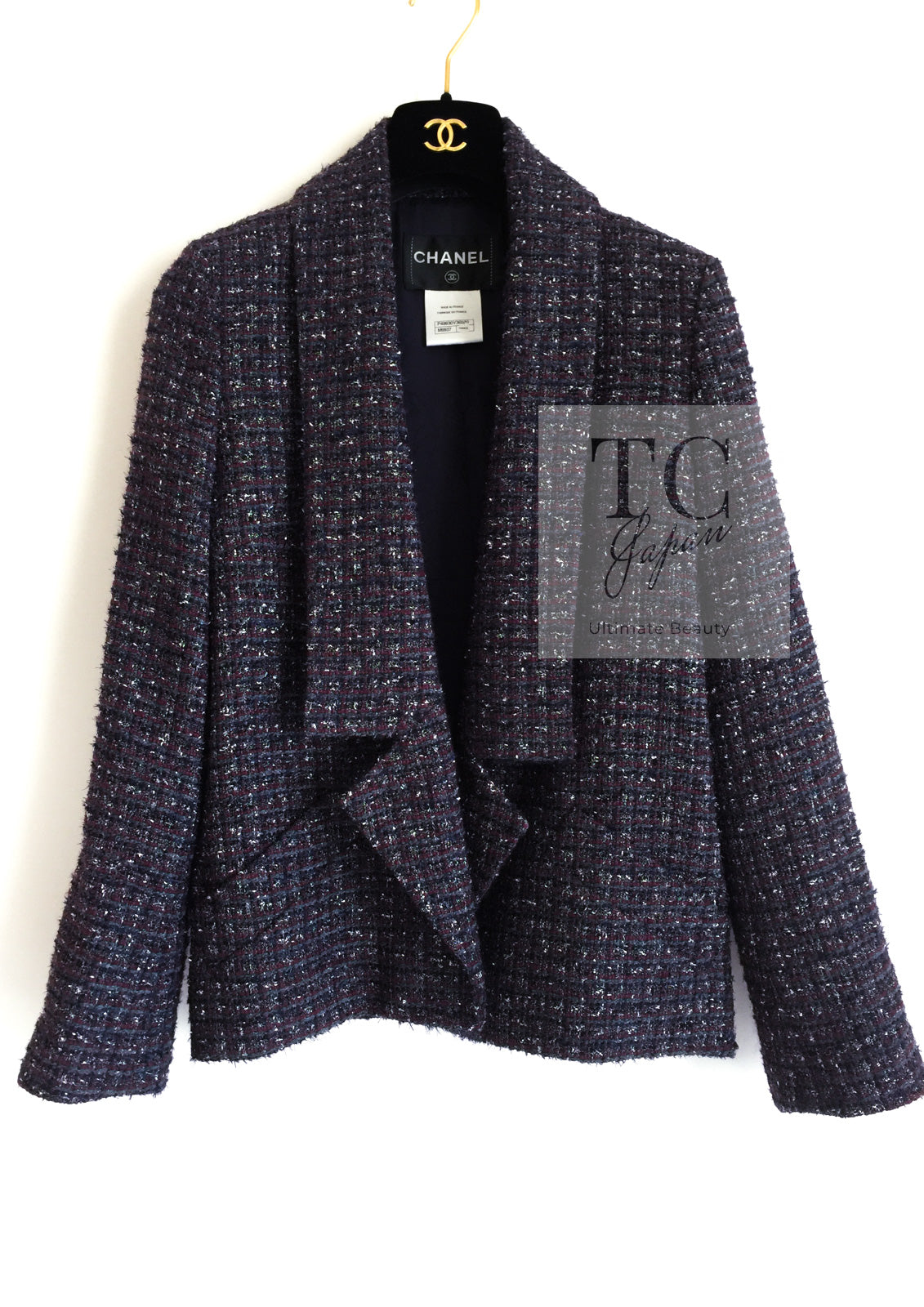 CHANEL 14B Navy Purple Metallic Tweed Jacket 36 38 シャネル ネイビー パープル メタリック ツイード ジャケット 即発