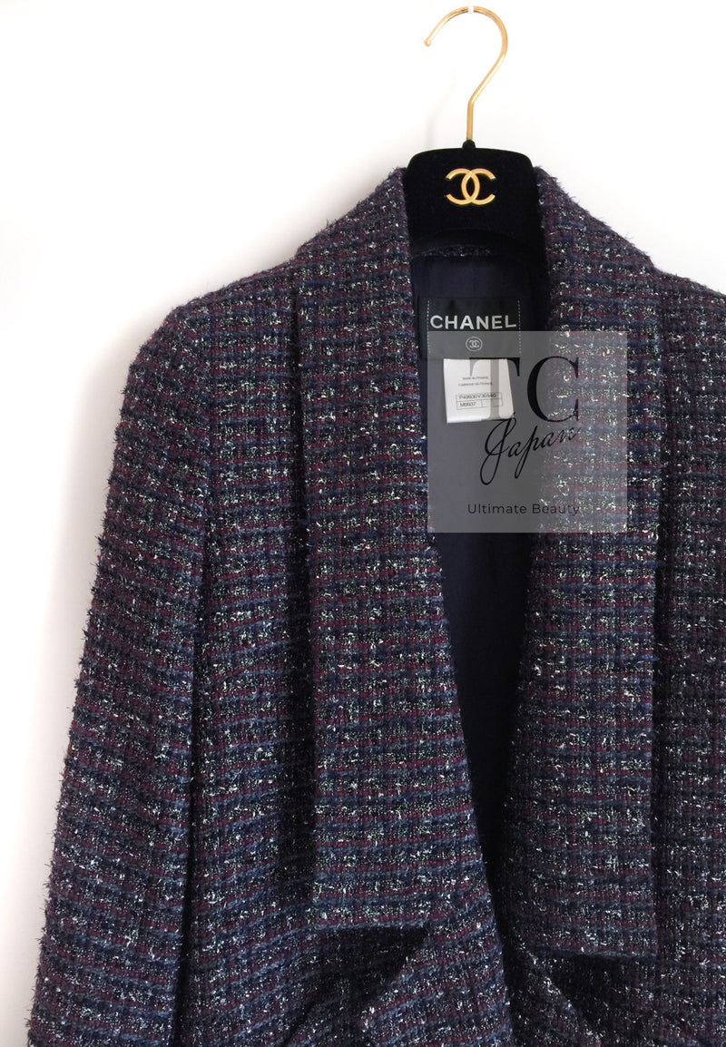 CHANEL 14B Navy Purple Metallic Tweed Jacket 36 38 シャネル ネイビー パープル メタリック ツイード ジャケット 即発