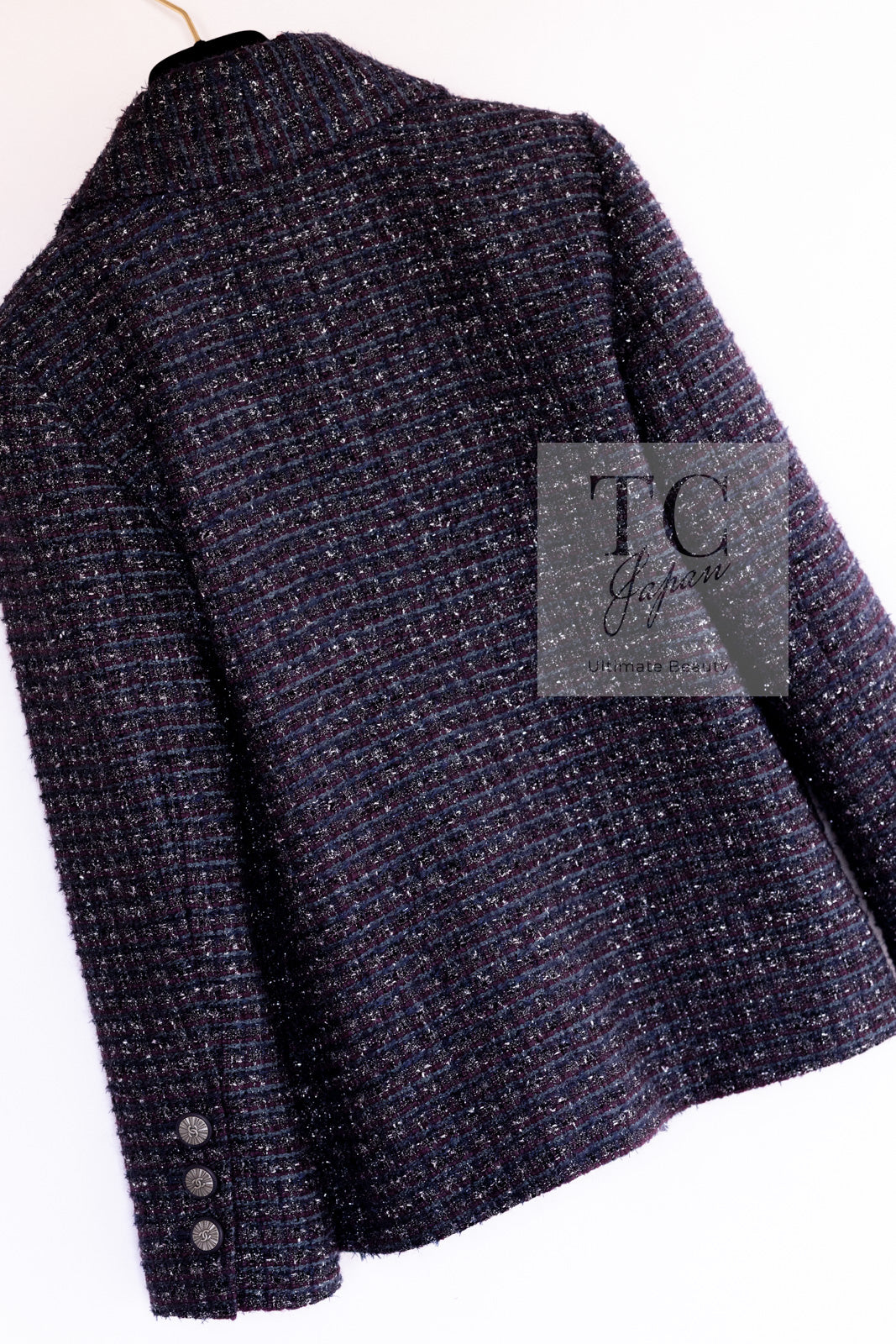 CHANEL 14B Navy Purple Metallic Tweed Jacket 36 38 シャネル ネイビー パープル メタリック ツイード ジャケット 即発
