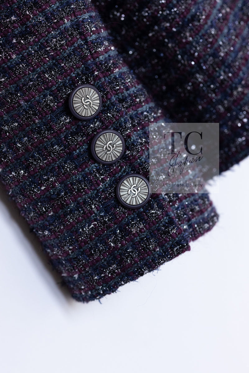CHANEL 14B Navy Purple Metallic Tweed Jacket 36 38 シャネル ネイビー パープル メタリック ツイード ジャケット 即発