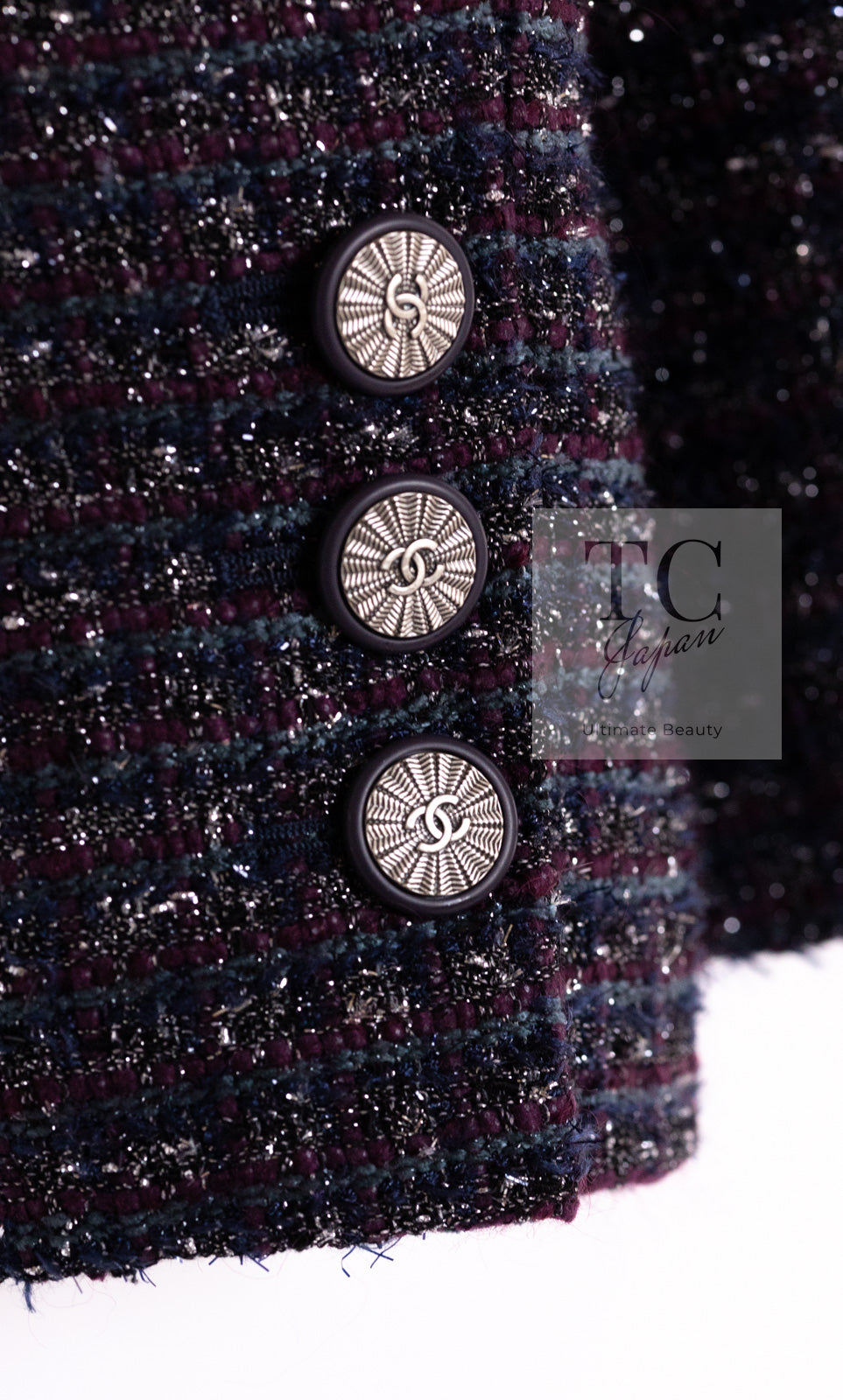 CHANEL 14B Navy Purple Metallic Tweed Jacket 36 38 シャネル ネイビー パープル メタリック ツイード ジャケット 即発